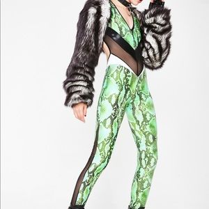 ACID GREEN SNAKESKIN BACKLESS VIPER CATSUIT Large